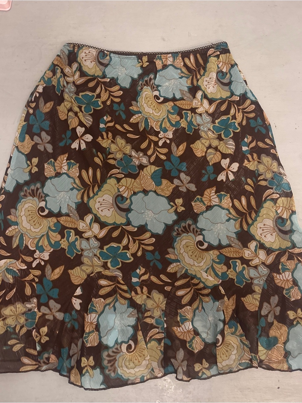 Fashion Bug Brown Floral A-Line Skirt with Teal and Cream Accents